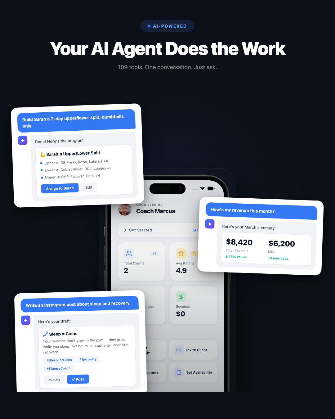 FirstRep AI Agent Rep showing a conversation where the trainer asks about client check-ins and gets real-time data with interactive cards
