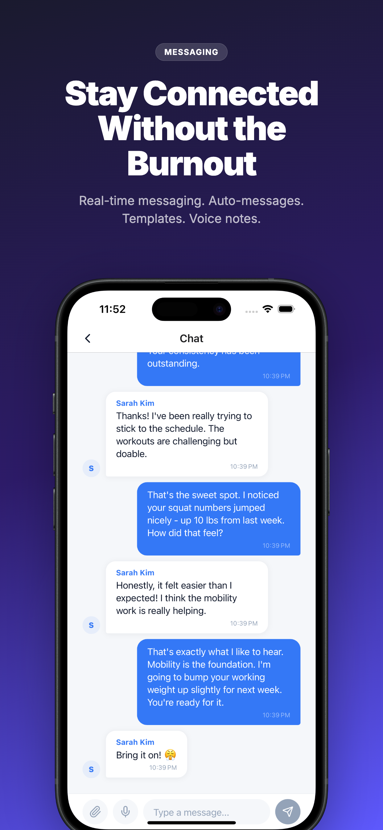 FirstRep messaging interface showing 1-on-1 client conversations with message templates