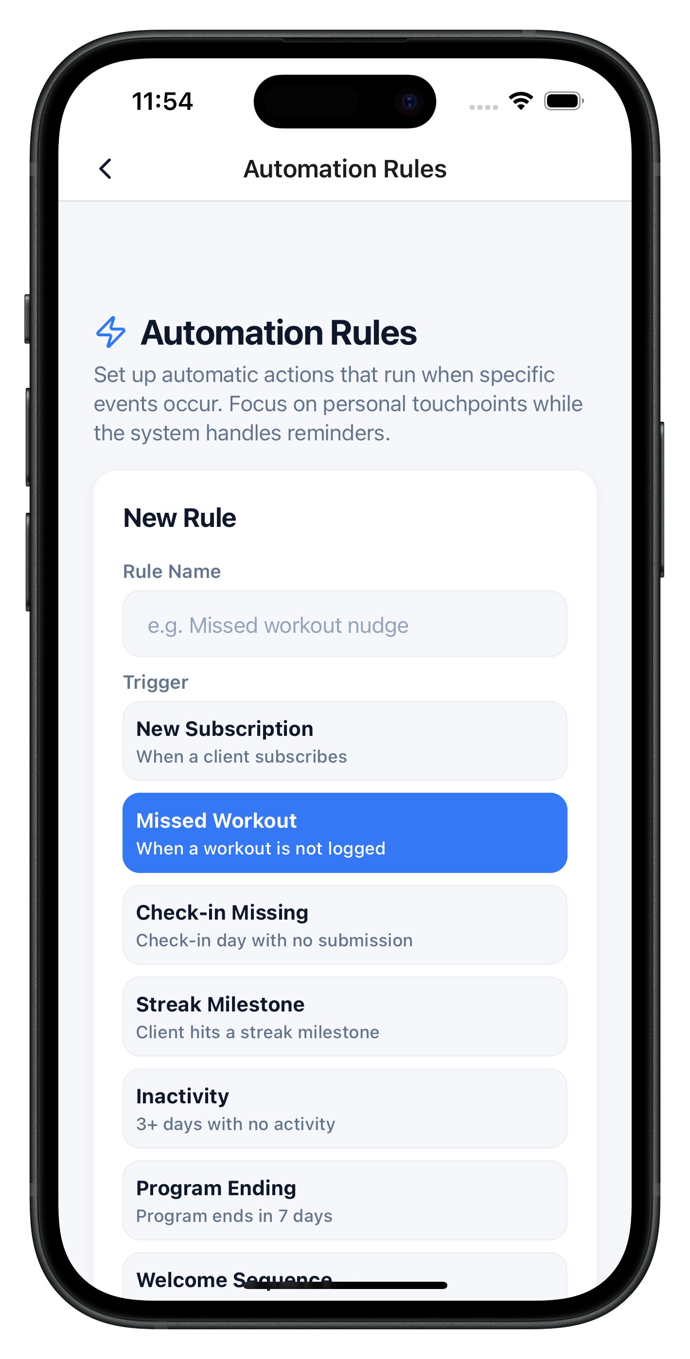 FirstRep automation rules builder showing triggers and actions for client follow-ups