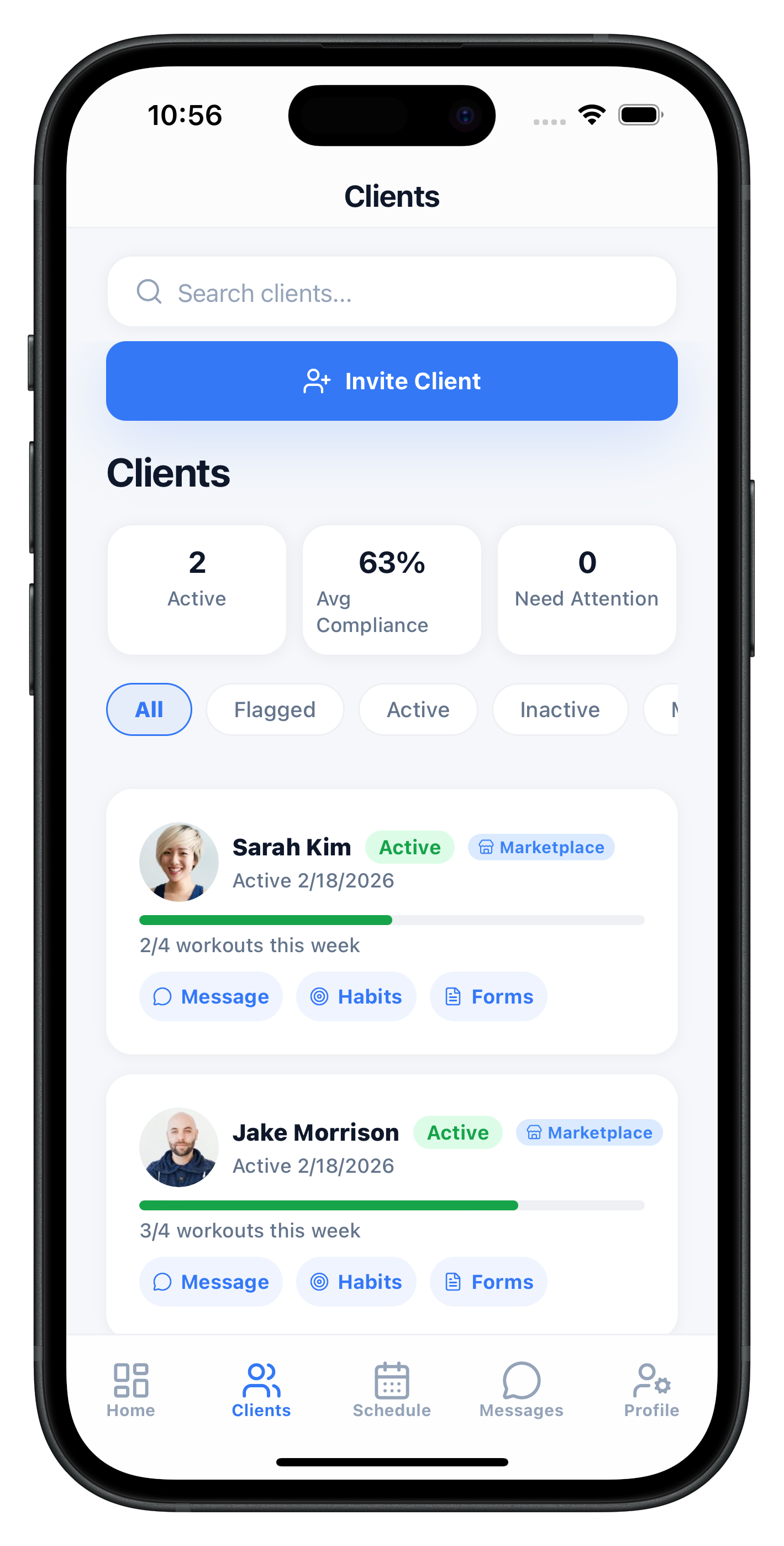 Every client at a glance — compliance, risk flags, check-in scores
